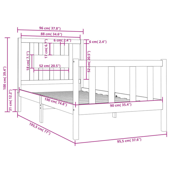 Cadru de pat single, alb, 90x190 cm, lemn masiv WALTI