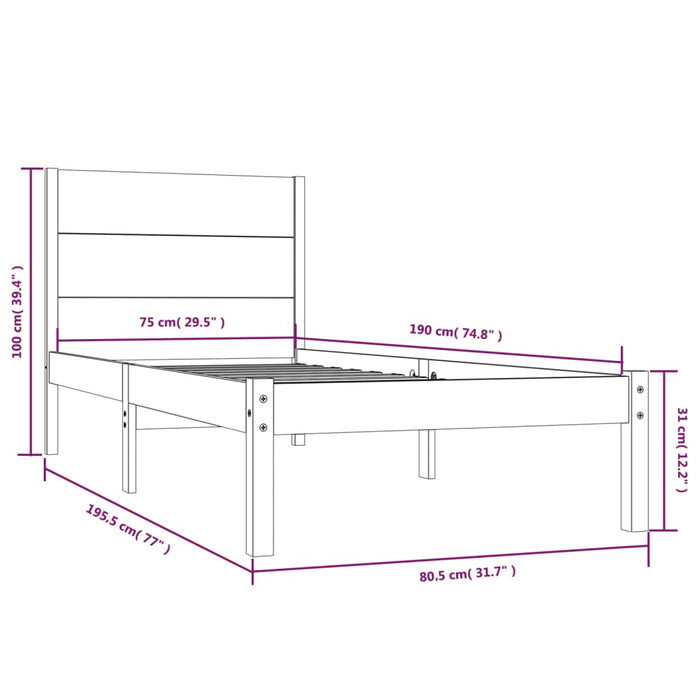 Cadru de pat mic single, 75x190 cm, lemn masiv WALTI