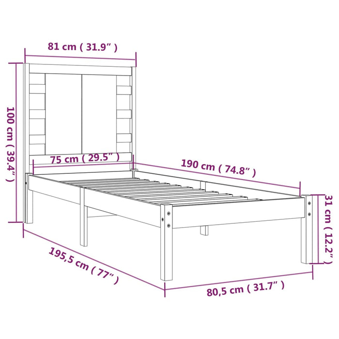 Cadru de pat mic single, 75x190 cm, lemn masiv WALTI