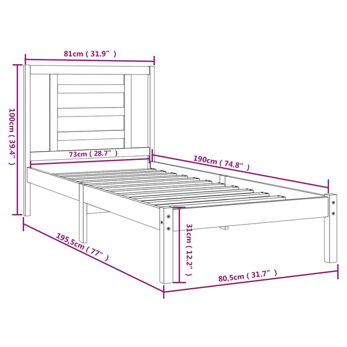 Cadru de pat mic single, alb, 75x190 cm, lemn masiv WALTI