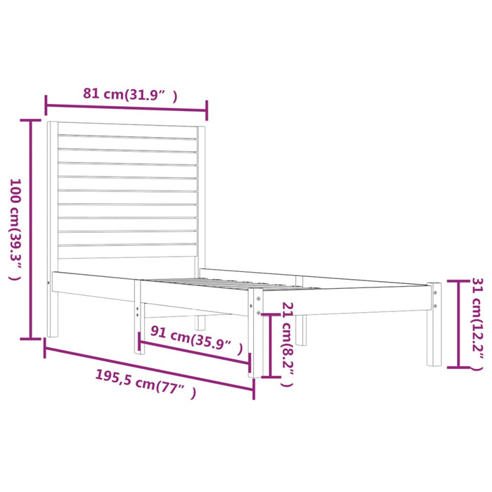 Cadru de pat mic single, alb, 75x190 cm, lemn masiv WALTI