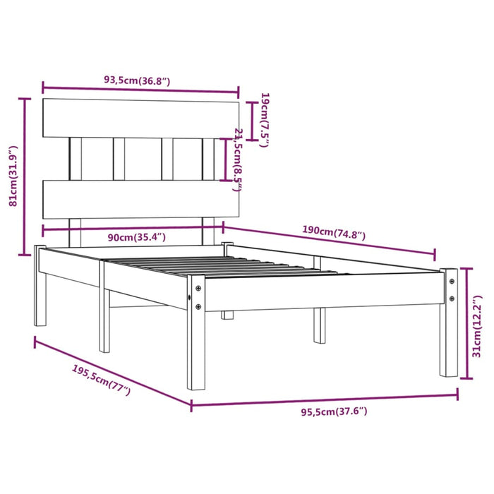Cadru de pat single, 90x190 cm, lemn masiv WALTI
