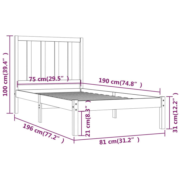 Cadru de pat mic single, alb, 75x190 cm, lemn masiv de pin WALTI
