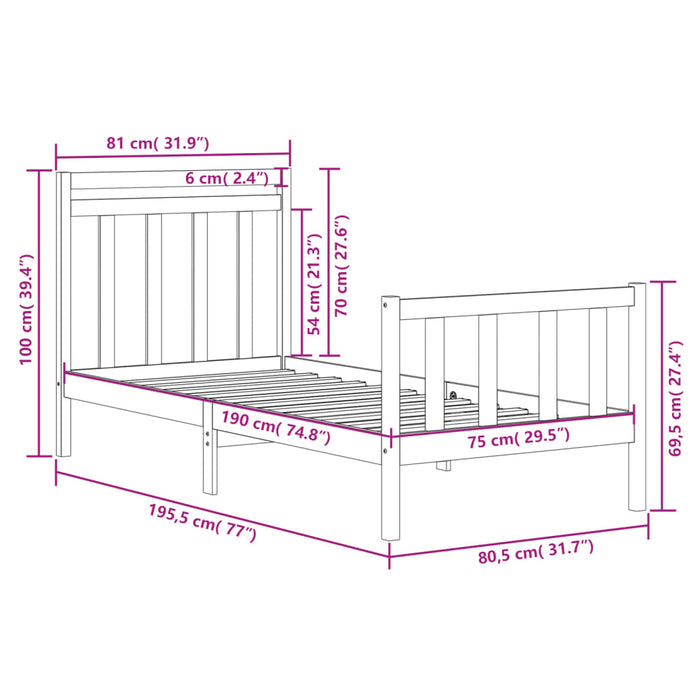 Cadru de pat mic single, negru, 75x190 cm, lemn masiv - WALTI WALTI