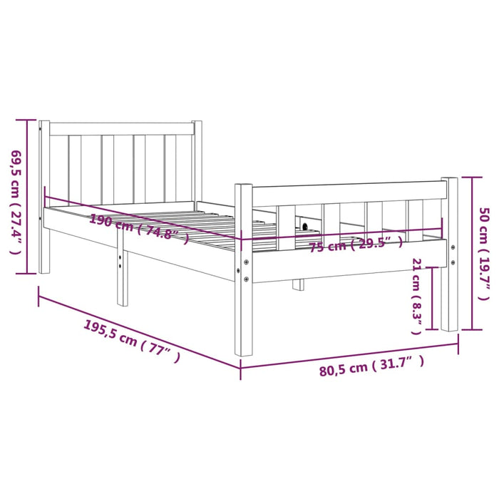 Cadru de pat mic single, 75x190 cm, lemn masiv WALTI