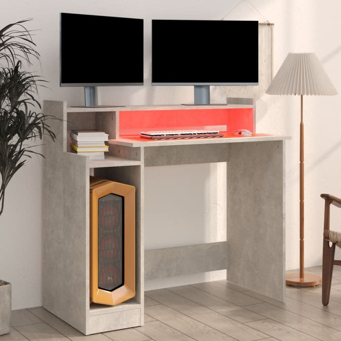 Birou cu lumini LED, gri beton, 97x90x45 cm, lemn compozit - WALTI WALTI