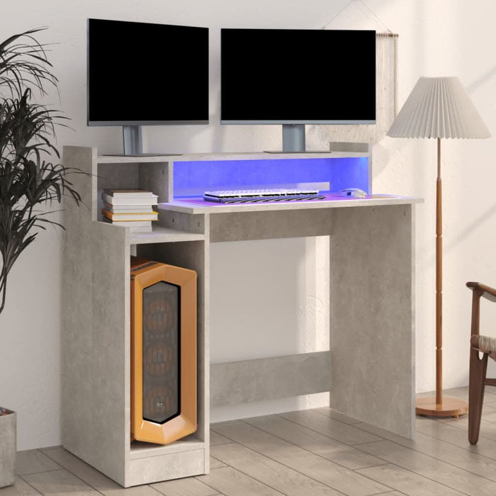 Birou cu lumini LED, gri beton, 97x90x45 cm, lemn compozit - WALTI WALTI