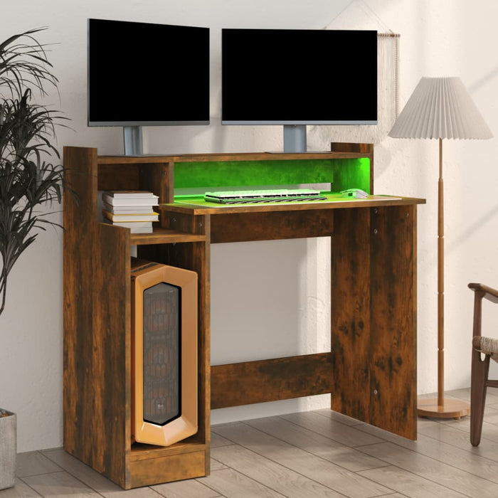 Birou cu lumini LED, stejar fumuriu, 97x90x45 cm lemn prelucrat - WALTI WALTI