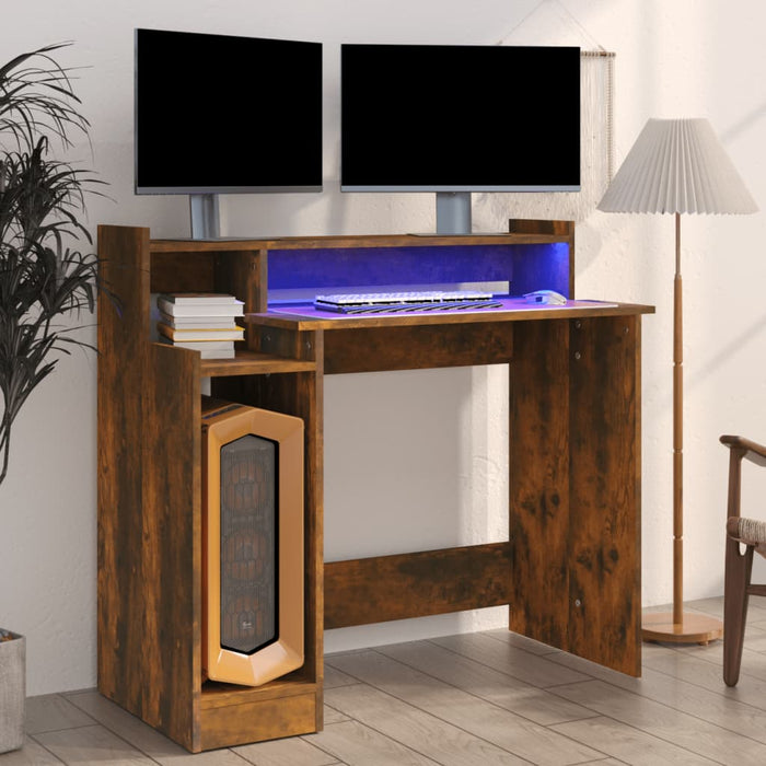 Birou cu lumini LED, stejar fumuriu, 97x90x45 cm lemn prelucrat - WALTI WALTI