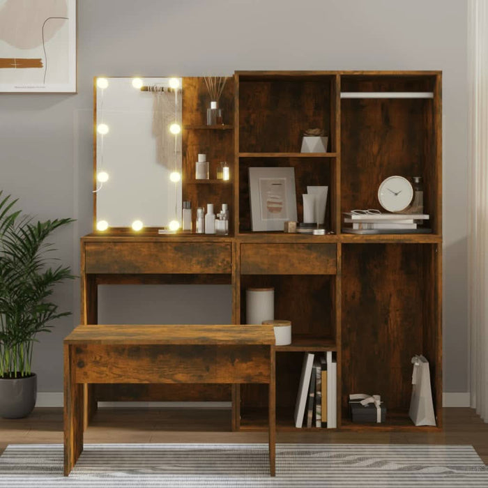 Set măsuță de toaletă cu LED, stejar afumat, lemn prelucrat - WALTI WALTI