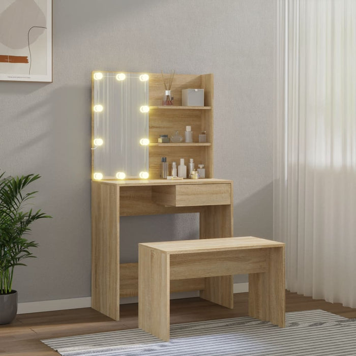 Set de măsuță de toaletă cu LED, stejar sonoma, lemn prelucrat - WALTI WALTI