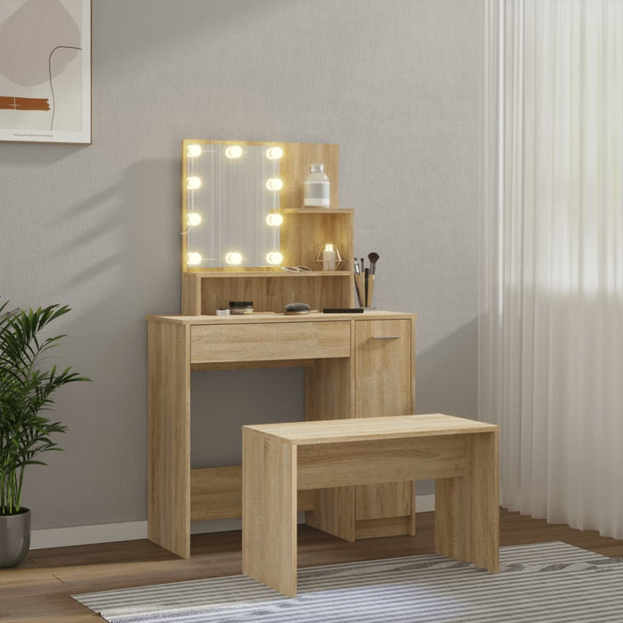Set de măsuță de toaletă cu LED, stejar sonoma, lemn prelucrat - WALTI WALTI