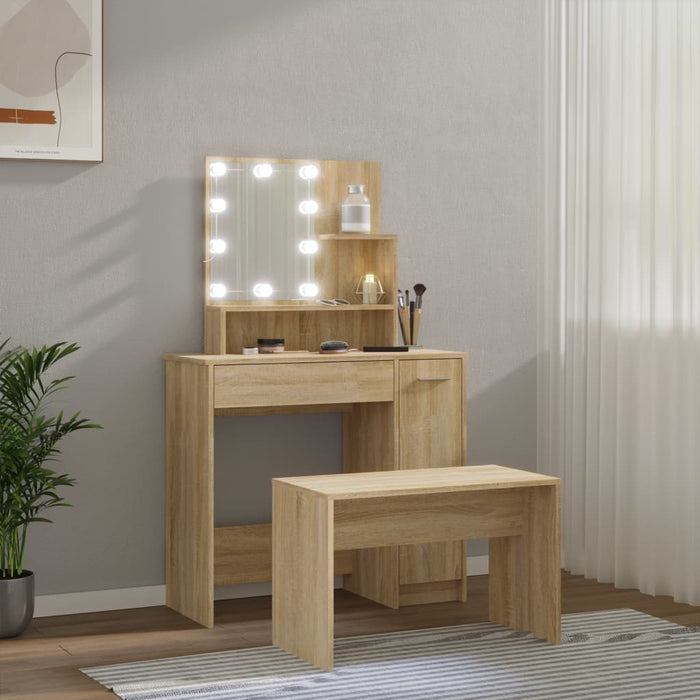 Set de măsuță de toaletă cu LED, stejar sonoma, lemn prelucrat - WALTI WALTI