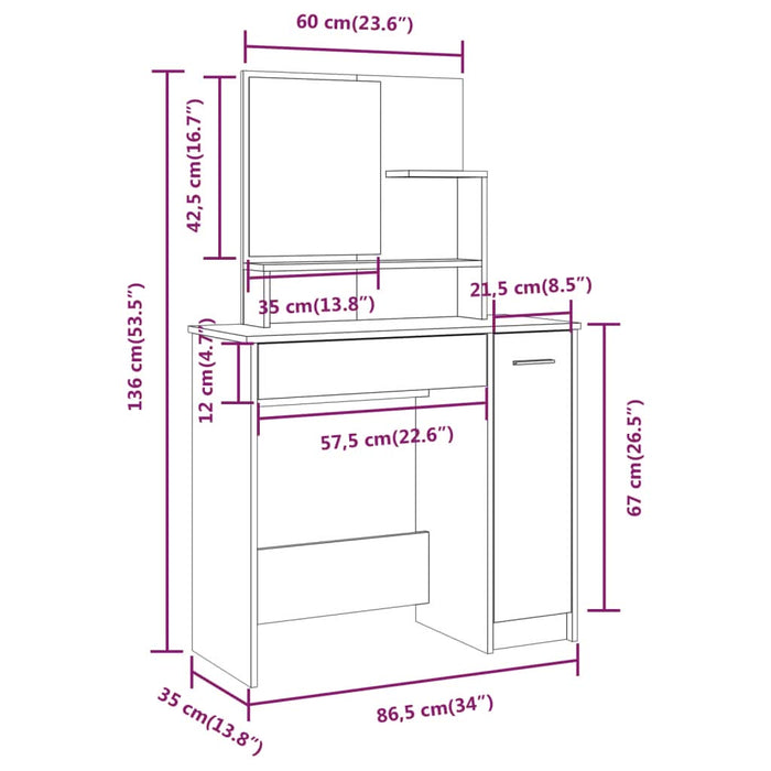 Set măsuță de toaletă, stejar sonoma, 86,5x35x136 cm - WALTI WALTI