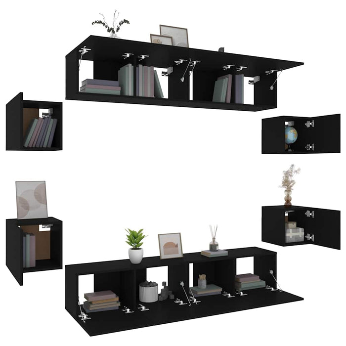 Set dulap TV, 8 piese, negru, lemn prelucrat WALTI