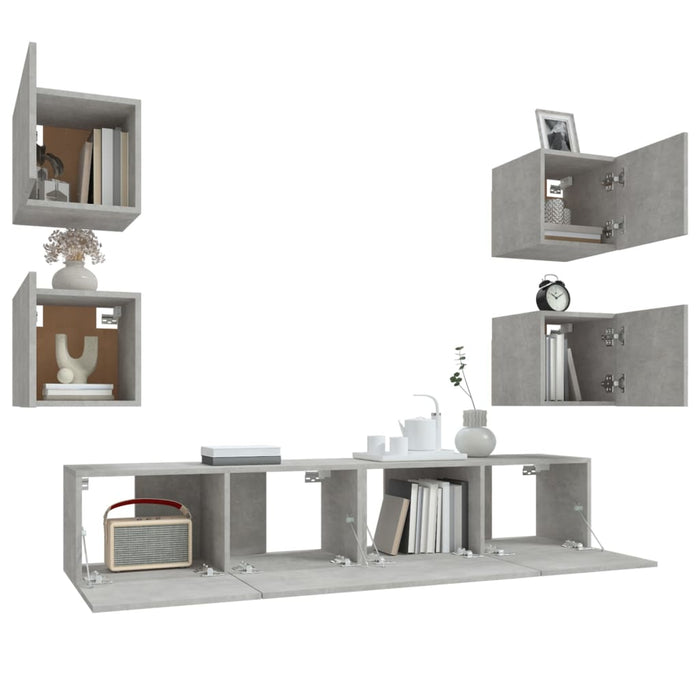 Set dulap TV, 6 piese, gri beton, lemn prelucrat WALTI