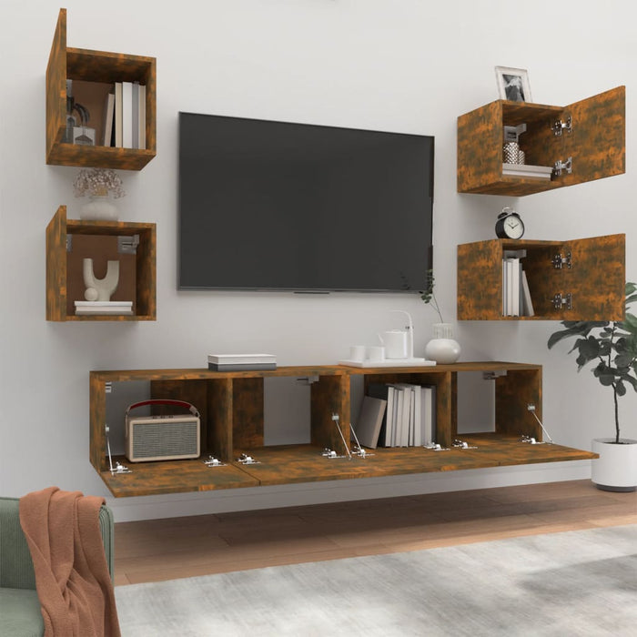 Set dulapuri TV, 6 piese, stejar fumuriu, lemn prelucrat WALTI