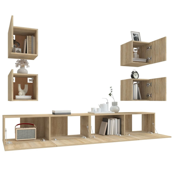 Set dulap TV, 6 piese, stejar sonoma, lemn prelucrat - WALTI WALTI