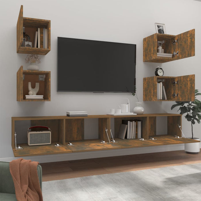 Set dulapuri TV, 6 piese, stejar fumuriu, lemn prelucrat WALTI