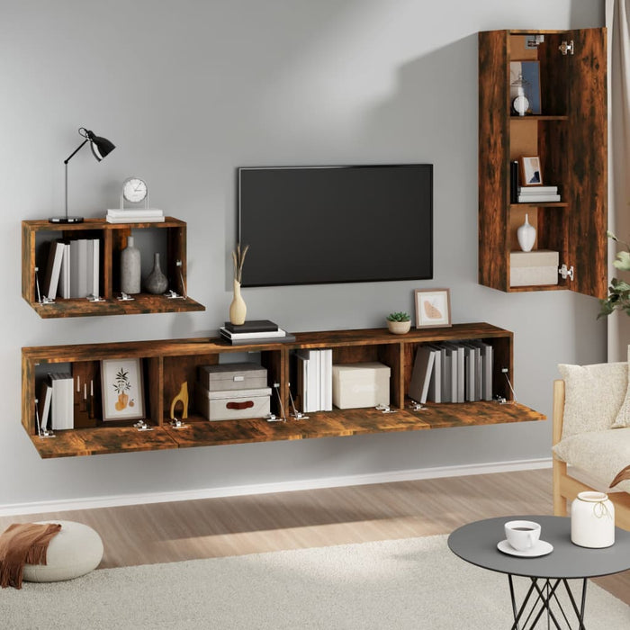 Set dulapuri TV, 4 piese, stejar fumuriu, lemn prelucrat WALTI