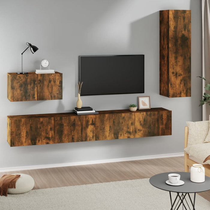 Set dulapuri TV, 4 piese, stejar fumuriu, lemn prelucrat WALTI