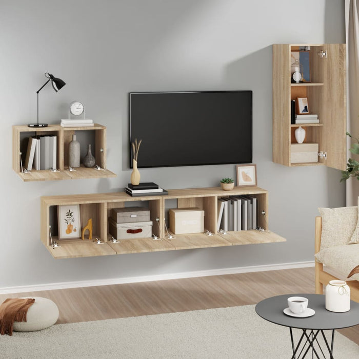 Set dulap TV, 4 piese, stejar sonoma, lemn prelucrat WALTI