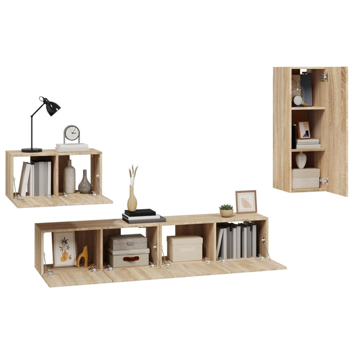 Set dulap TV, 4 piese, stejar sonoma, lemn prelucrat WALTI