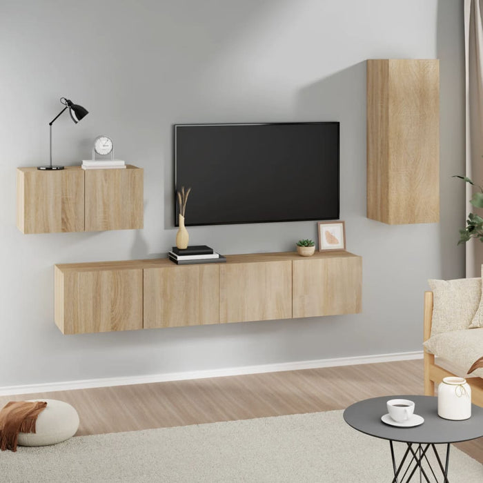 Set dulap TV, 4 piese, stejar sonoma, lemn prelucrat WALTI