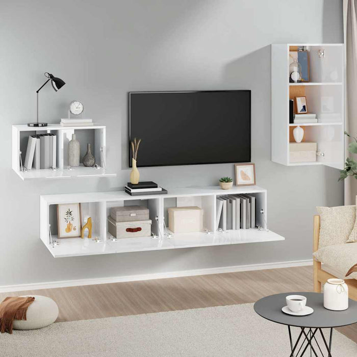 Set dulap TV, 4 piese, alb extralucios, lemn prelucrat WALTI