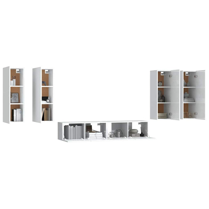 Set dulap TV, 6 piese, alb extralucios, lemn prelucrat WALTI