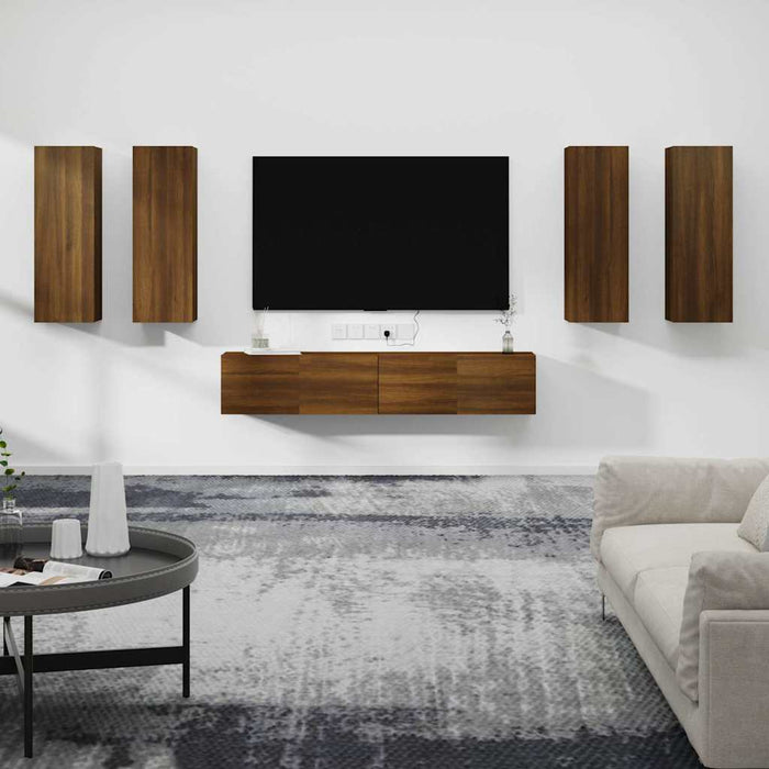Set dulapuri TV, 6 piese, stejar maro, lemn prelucrat WALTI