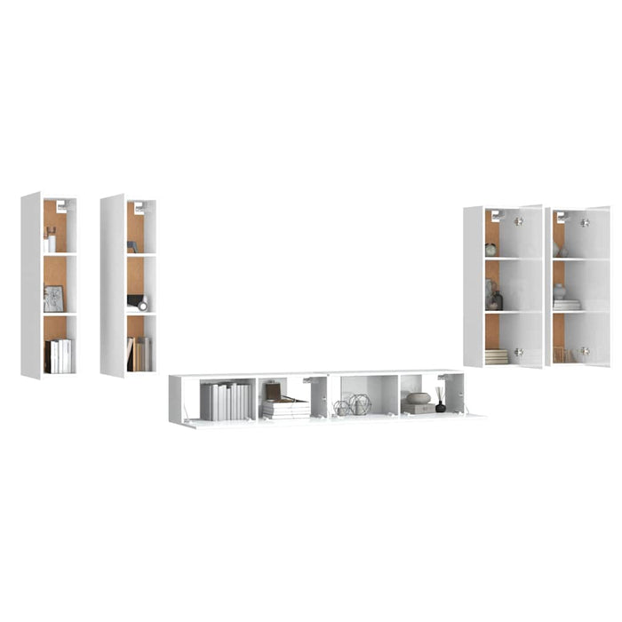 Set dulap TV, 6 piese, alb extralucios, lemn prelucrat WALTI
