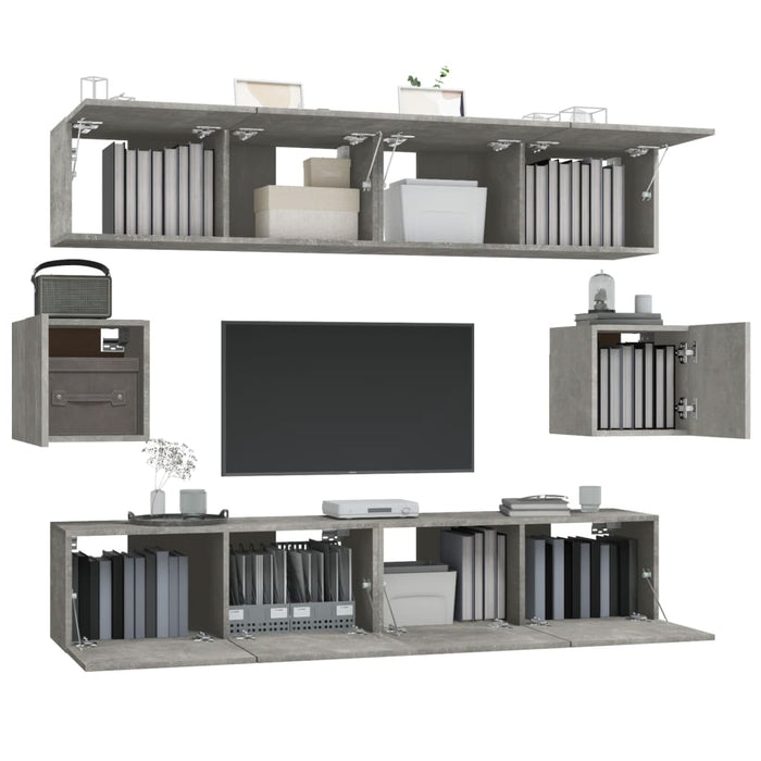 Set dulap TV, 6 piese, gri beton, lemn prelucrat WALTI