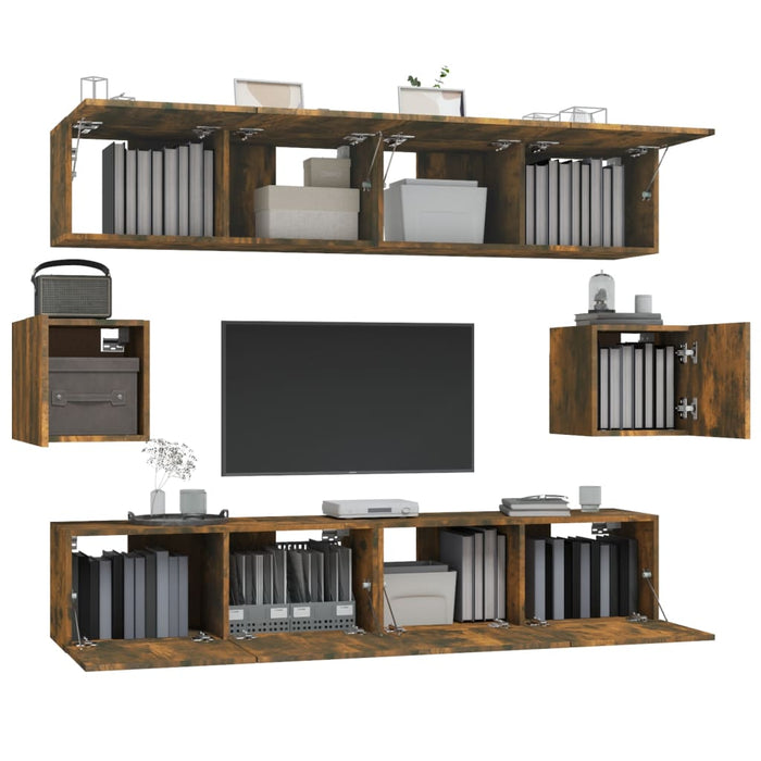 Set dulapuri TV, 6 piese, stejar fumuriu, lemn prelucrat WALTI