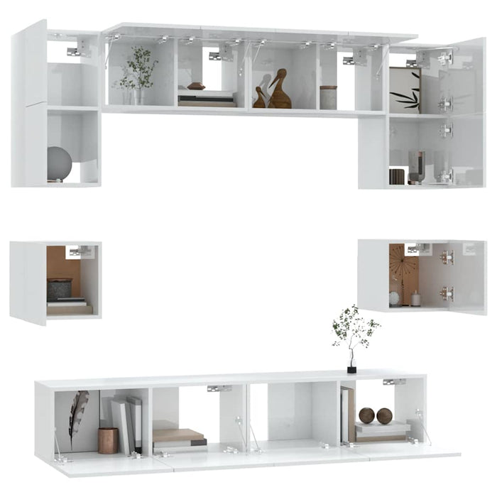 Set dulap TV, 8 piese, alb extralucios, lemn prelucrat WALTI