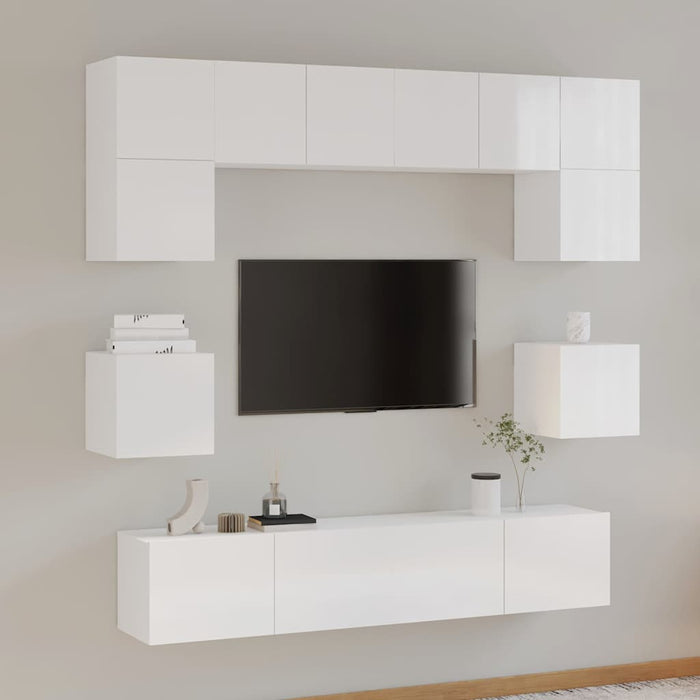 Set dulap TV, 8 piese, alb extralucios, lemn prelucrat WALTI
