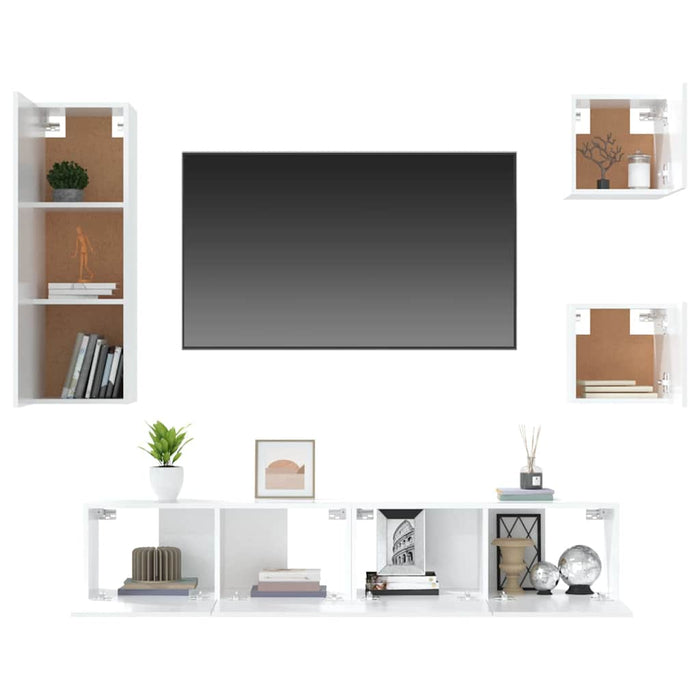 Set dulap TV, 5 piese, alb extralucios, lemn prelucrat WALTI