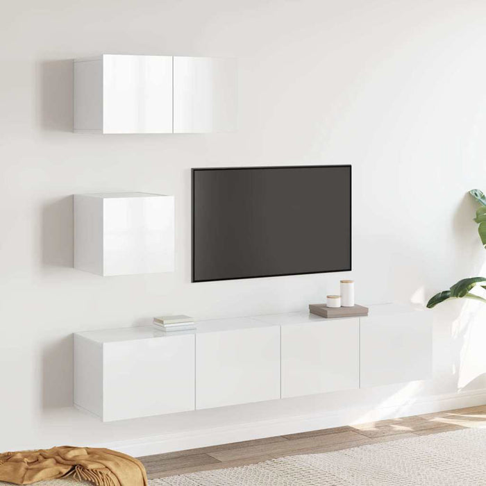 Set dulap TV, 4 piese, alb extralucios, lemn prelucrat WALTI