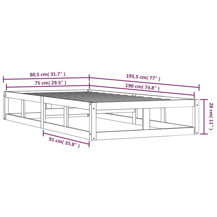 Cadru de pat mic single, alb, 75x190 cm, lemn masiv - WALTI WALTI