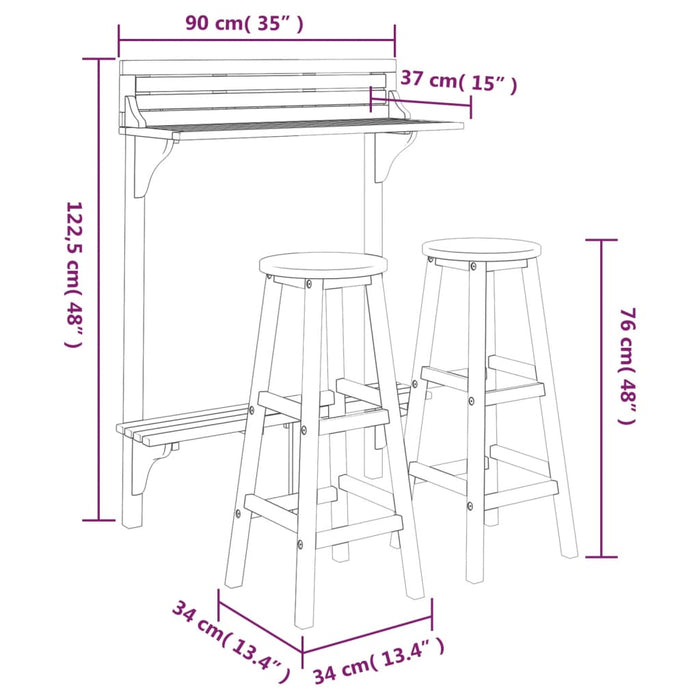 Set mobilier de bar de balcon, 3 piese, lemn masiv de acacia - WALTI WALTI
