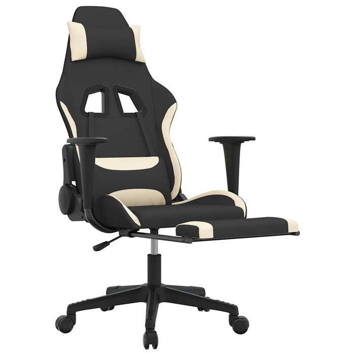 Scaun de gaming cu masaj/suport picioare, negru și crem, textil WALTI