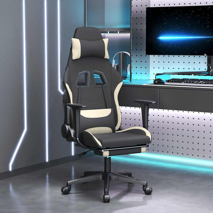 Scaun de gaming cu masaj/suport picioare, negru și crem, textil WALTI