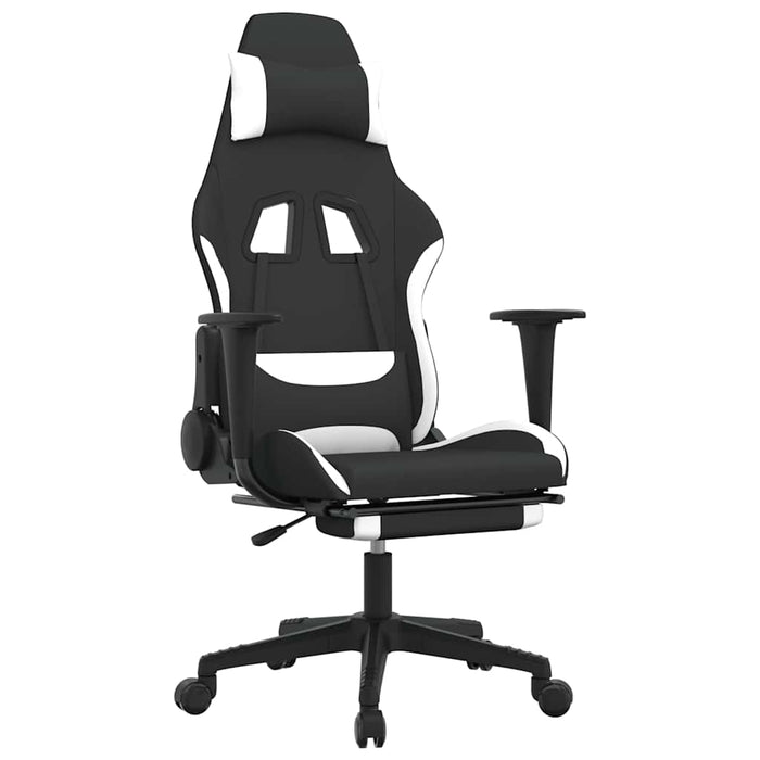 Scaun de gaming cu masaj/suport picioare, negru și alb, textil WALTI