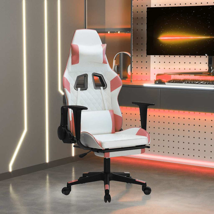 Scaun gaming de masaj/suport picioare, alb/roz, piele ecologică - WALTI WALTI
