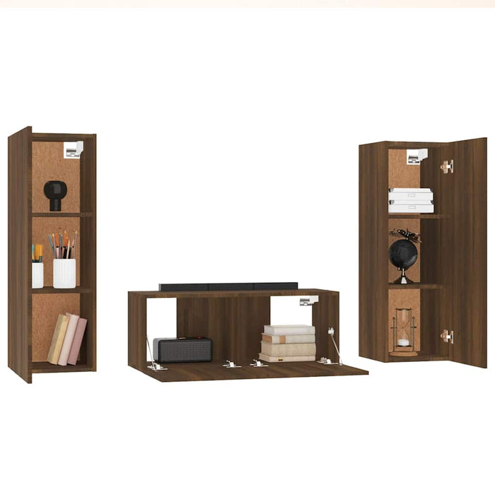 Set dulap TV, 3 piese, stejar maro, lemn prelucrat WALTI