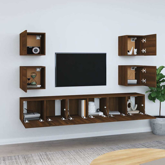 Set comode TV, 7 piese, stejar maro, lemn compozit WALTI