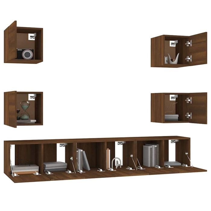 Set comode TV, 7 piese, stejar maro, lemn compozit WALTI