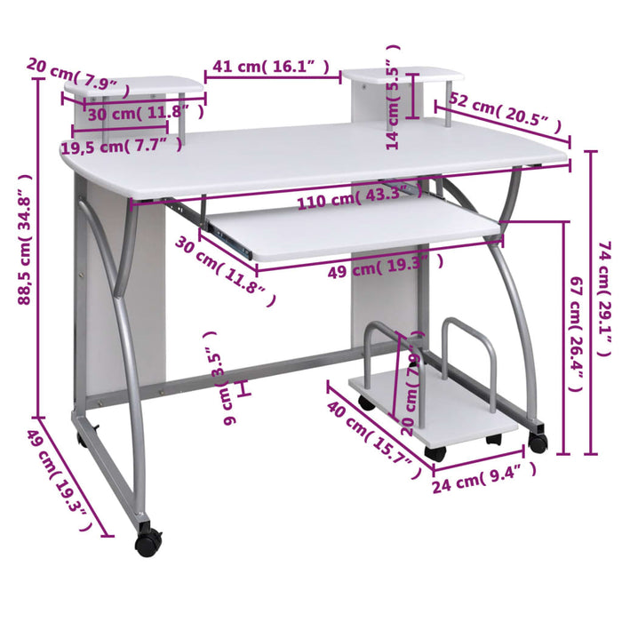 Birou de computer, alb, 110x52x88,5 cm, lemn prelucrat - WALTI WALTI