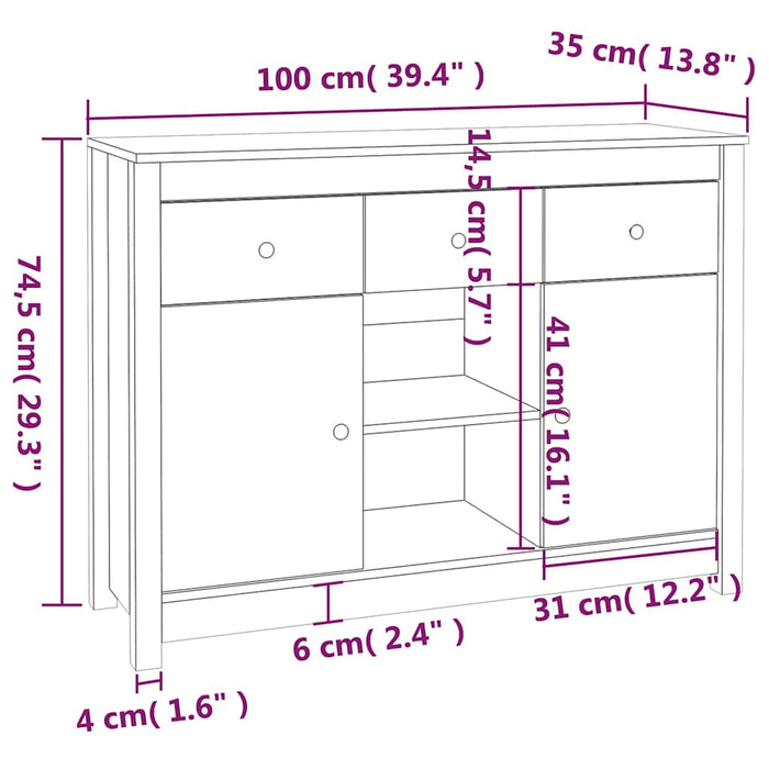 Servantă, alb, 100x35x74,5 cm, lemn masiv de pin WALTI