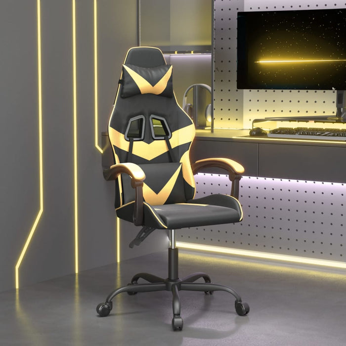 Scaun de gaming pivotant, negru și auriu, piele ecologică WALTI